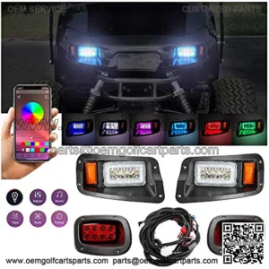 Golf Cart Deluxe LED Headlight &Taillight Kit for 2014 UP EZGO Freedom/T48/Valor, RGB Music Daytime Running Light, Turn Signal Low & High beam Hazard Light Brake Light Horn,16V-80V Input