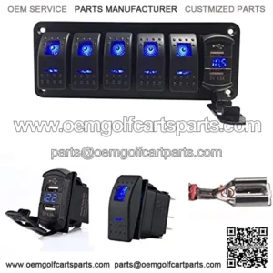 2 3 5 7 Gang Rocker Switch Aluminum Panel with 4.8 Amps Dual USB Rocker Style Fast Charger with Voltmeter, Blue Backlit Led, Pre-Wired for Marine, Boat, Car, Truck