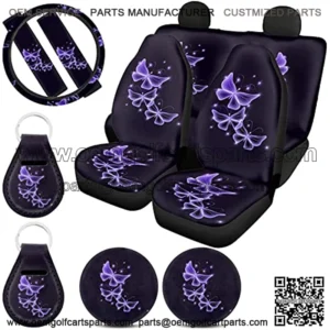 Girly Purple Butterfly Car Seat Covers Full Set for Women Front Rear Split Bench Seats with Steering Wheel Cover,Harness Pads,Cup Holder Coasters,Auto Keychains 11 Pieces