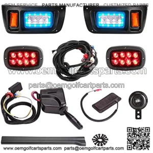 Golf Cart Deluxe LED Headlight Taillight Light Kit for Club Car DS, RGB Daytime Running Light Low High Beam Turn Signal Horn Brake Pad Hazard Light Function