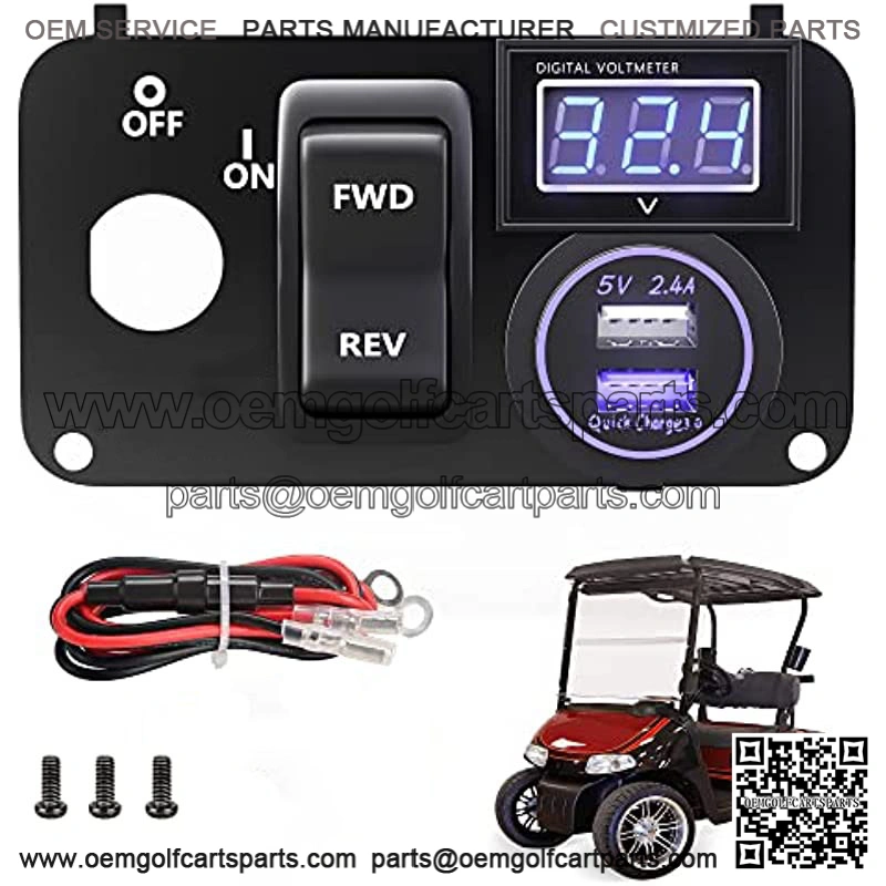 Golf Cart 3 in 1 Multifunctional Integrated Panel,12V 3.0 Fast Charge Dual USB Charger Socket & LED Digital Voltmeter & Forward Reverse Switch Button,Fit for EZGO TXT PDS Golf Models