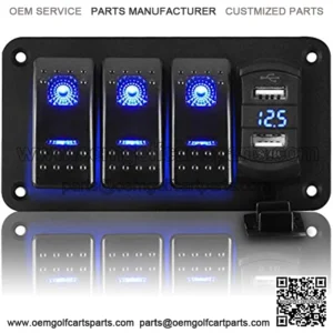 Boat Switch Panel Waterproof, 3 Gang ON Off Toggle Switch Aluminum Panel with 4.8A Dual USB Charger Socket with Blue LED Digital Voltmeter Gauge on Marine, Boat, Car, Golf Cart, UTV, ATV
