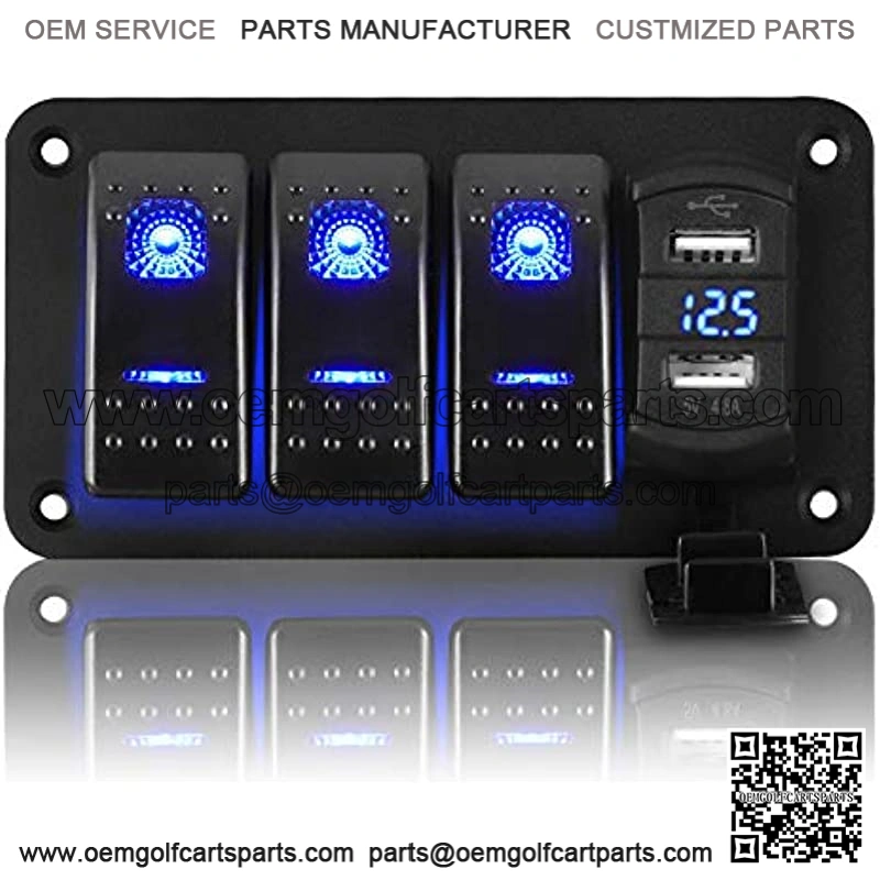 Boat Switch Panel Waterproof, 3 Gang ON Off Toggle Switch Aluminum Panel with 4.8A Dual USB Charger Socket with Blue LED Digital Voltmeter Gauge on Marine, Boat, Car, Golf Cart, UTV, ATV