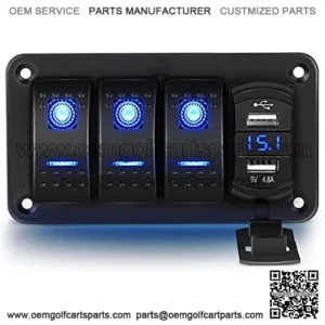 3 Gang Rocker Switch Panel with 4.8 Amp Dual USB Charger Voltmeter Waterproof 12V 24V DC Rocker Switch with Night Glow Stickers for Cars Trucks Boats RVs