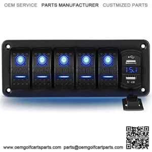 5 Gang Rocker Switch Panel with 4.8 Amp Dual USB Charger Voltmeter Waterproof 12V 24V DC Rocker Switch with Night Glow Stickers for Car Trucks Boats RVs