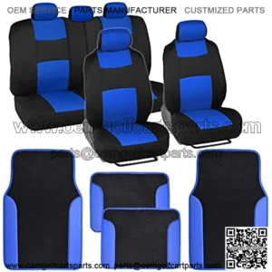 Blue Combo Fresh Design Matching All Protective Seat Covers (2 Front 1 Bench) with Heavy Protection Sleek Graphic Auto Carpet Floor Mats (4 Set)