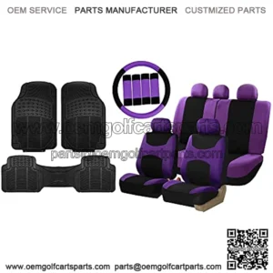 FH Group Light & Breezy Cloth Full Set Car Seat Covers (Purple/Black) Combo Set: Steering Wheel Cover, Seat Belt Pads and Black Vinyl Floor Mats ?C Universal Fit for Cars Trucks & SUVs