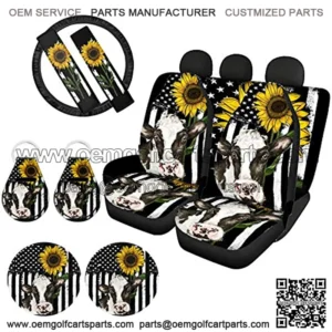Sunflower Cow Car Seat Covers Full Set for Women Men with Steering Wheel Covers Pad Coaster Front Rear Back Bench Seatcover Protection Automotive Accessories Combo Kit Universal Fit Decor
