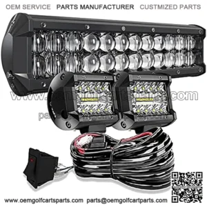 DOT 5D 12INCH 72W LED Light Bar+4Inch 60W LED Cube Pods with Wiring Kit Combo for Driving Lamp Polaris Ranger Honda Pioneer Can Am X3 Maverick Grand Cherokee XJ Dodge UTV ATV 4WD Trucks Boat Defender