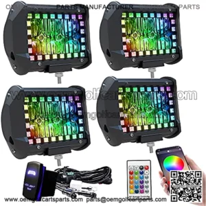 4PCS 4" inch LED Pods Flood Work Light Bar with Multi-Color Chasing RGB Halo 16 Solid Colors Over 92 Flashing Modes Offroad Pods Lights LED Driving Lamp Fog Lights with Switch Wiring Harness