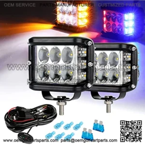 4 Inch Strobe LED Light Pods, Amber White Blue Red Side Shooter, 6 Modes 60W Off Road Light with Memory Function, Emergency Fog Driving Work Light for Truck Boat Jeep SUV with Wiring Harness