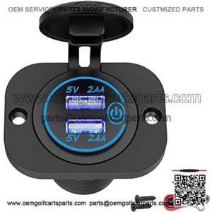 Dual USB Socket 12V Marine Outlet with Switch Golf Cart USB Port 12 Volt DC Car Charger Mount Waterproof Cigarette Lighter Power Adapter DIY Kit Fast Charge with Blue LED for Boat Motorcycle ATV RV