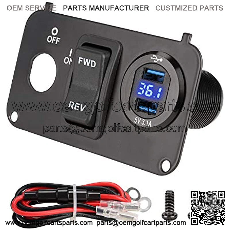 Golf Cart Key Switch Console Plate for EZGO TXT & Medalist, Includes Forward Reverse Switch, USB Charger Socket, Digital Volt Meter