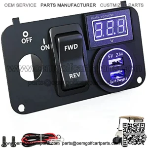 Golf Cart Key Console Switch Plate Multifunctional Panel for 2003+ EZGO TXT PDS Electric, Forward Reverse Switch Button & LED Digital Voltmeter & 12V Quick Charge 3.0 Dual USB Socket 3 in 1