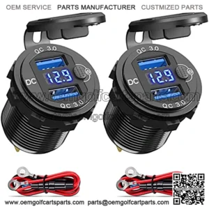 12V USB Outlet 2 Pack, Dual Quick Charge 3.0 12V Socket USB Charger with LED Voltmeter and Power Switch, Waterproof Aluminum Car Charger Adapter for RV Marine Motorcycle Truck Golf Cart RV etc.