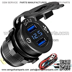 Quick Charge 3.0 Dual USB Charger Socket,with LED Digital Voltmeter & Wire Fuse DIY Kit,Aluminum Power Outlet Fast Charge, for 12V/24V Car, Golf Cart, Boat, RV, Motorcycle, Truck and More