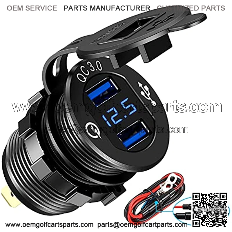 Quick Charge 3.0 Dual USB Charger Socket,with LED Digital Voltmeter & Wire Fuse DIY Kit,Aluminum Power Outlet Fast Charge, for 12V/24V Car, Golf Cart, Boat, RV, Motorcycle, Truck and More