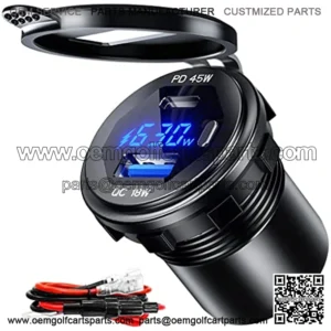 USB C Car Charger Socket 12V/24V USB Outlet, 45W PD Type C & 18W QC 3.0 Car Dual USB Port with LED Voltmeter & Button Switch DIY Car Socket for Car Boat Marine Bus Truck Golf RV Motorcycle GOBGOD