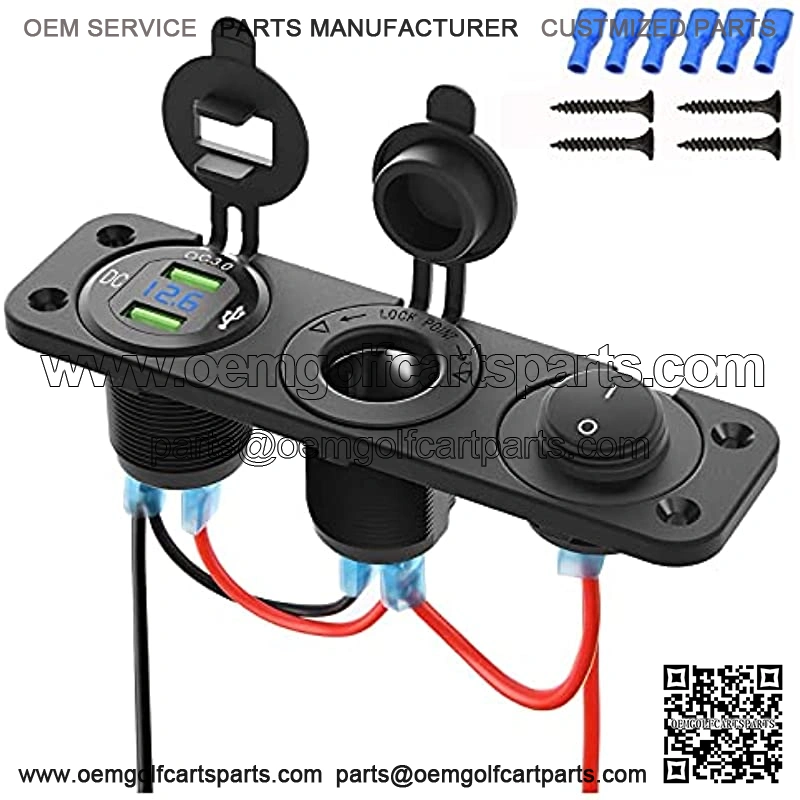 12V Marine Boat Cigarette Lighter Socket, 3 in 1 Waterproof Car Dual QC3.0 USB Outlet Panel 12 Volt RV Power Socket LED Display Waterproof Charger Socket