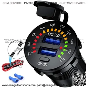 Quick Charge 3.0 Car Charger, Waterproof 36W Dual USB QC3.0 Fast Charging Socket Power Outlet with Voltmeter & Switch & 10A Fuse Built-in for 12V/24V Vehicles