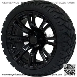 14" Black 'Voodoo' Golf Cart Wheels and 20"x8.5"-14 STINGER On-Road/Off-Road DOT rated All-Terrain tires - Set of 4, includes Black 'SS' center caps and 1/2x20 Black lug nuts