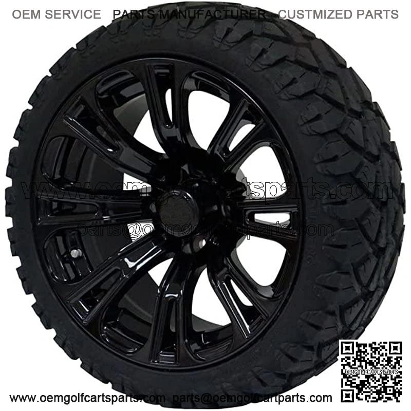 14" Black 'Voodoo' Golf Cart Wheels and 20"x8.5"-14 STINGER On-Road/Off-Road DOT rated All-Terrain tires - Set of 4, includes Black 'SS' center caps and 1/2x20 Black lug nuts