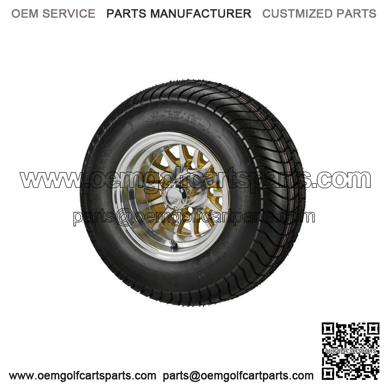 (4)Golf Cart 205/65-10 DOT Tires on 10x7 Machined/Gold 14-Spoke Wheels