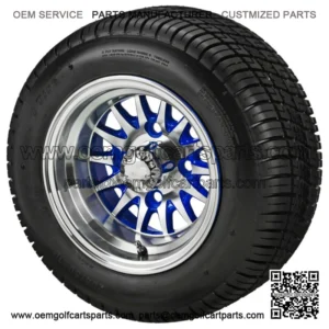 (4)Golf Cart 205/50-10 Tire on 10x7 Machined/Blue 14-Spoke Wheel Free Freight
