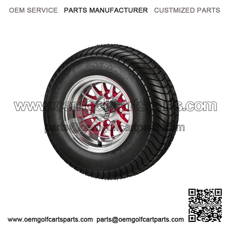 (4)Golf Cart 205/65-10 DOT Tires on 10x7 Machined/Red 14-Spoke Wheels