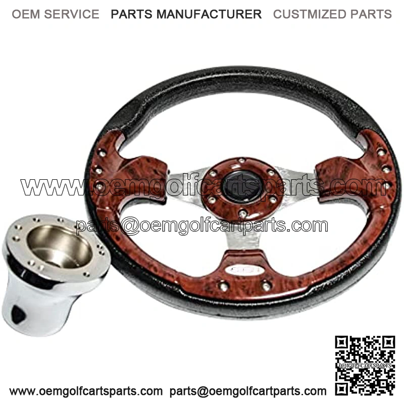 12.5Inch Classic Wood Grain Golf Cart Steering Wheel with Brushed Aluminum Spokes-SS Logo-Stylish Aluminum Horn Button with Polyurethane Grip for EZGO Yamaha and Club Car